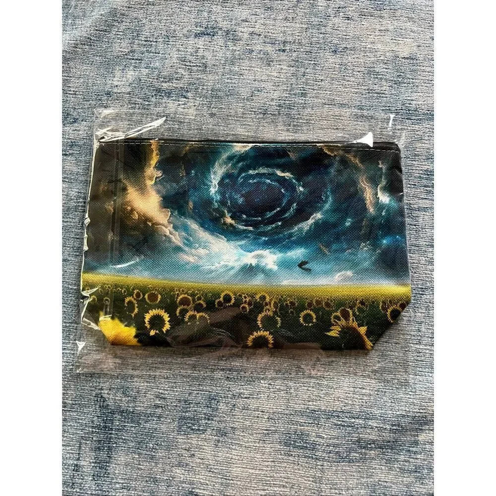 Sunflower Field Vortex Cotton Canvas Small Makeup Bag Travel Toiletry Pouch